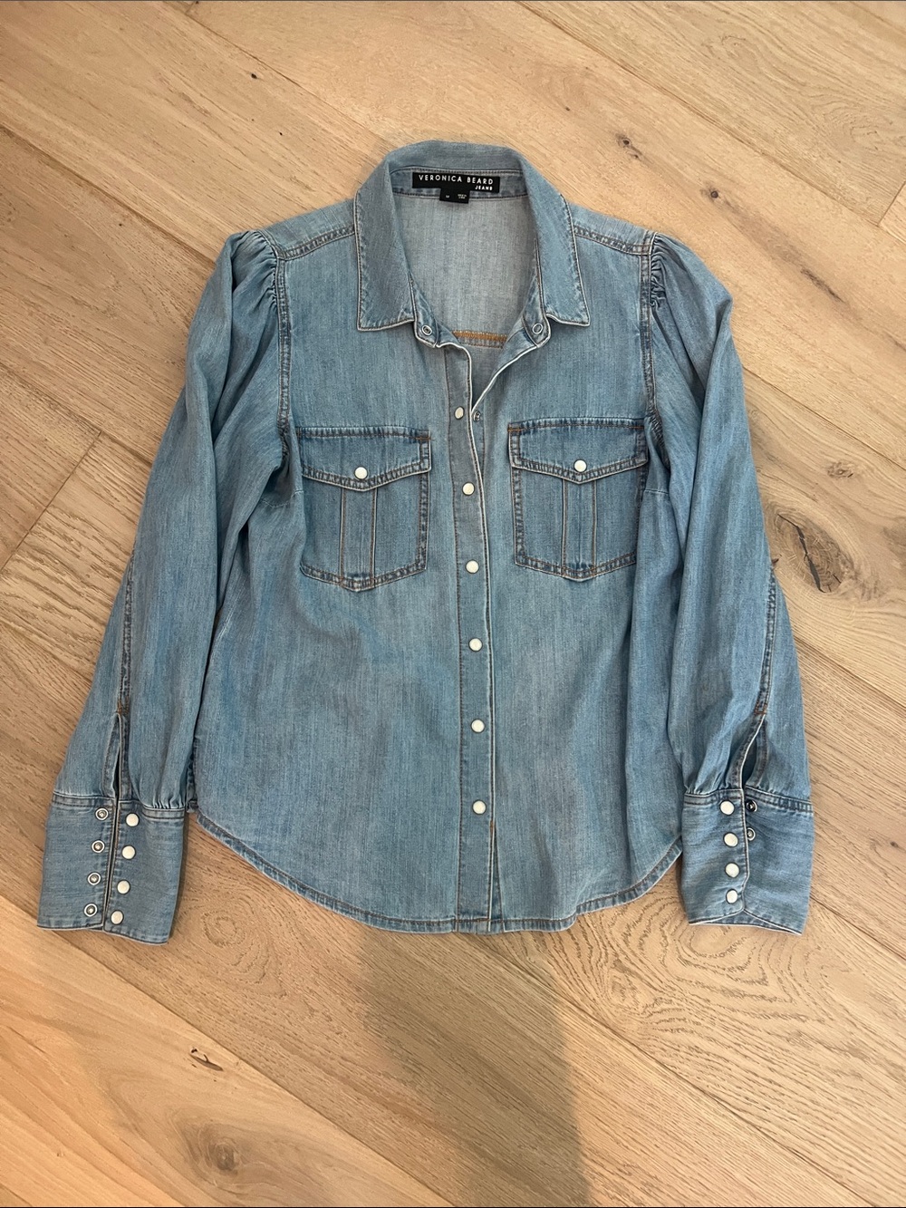 Veronica Beard Light Blue Denim Snap-Front Shirt